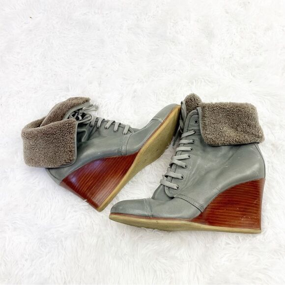 Barbara Bui Shearling Foldover Lace Up Leather Wedge Booties - Picture 4 of 8